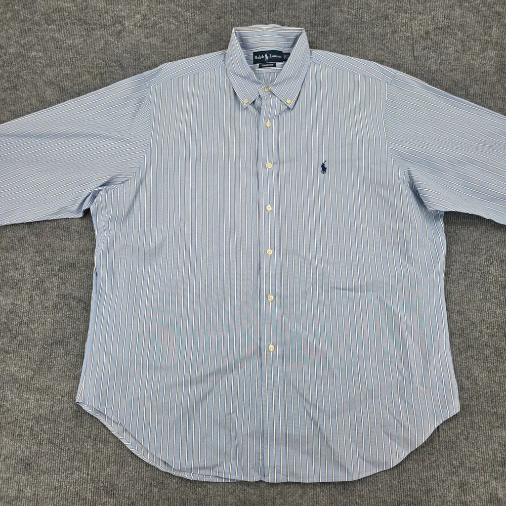 Ralph Lauren Classic Fit Striped Button Down Shirt Blue White Mens 17.5 34/35